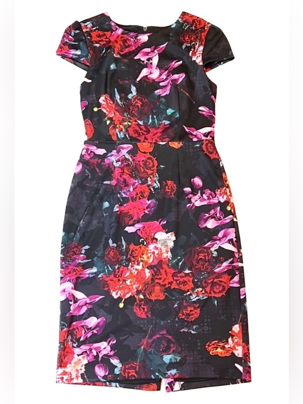 Betsey Johnson Floral Cap Sleeve Sheath Dress Sz 4 Black Red Roses Knee Length
